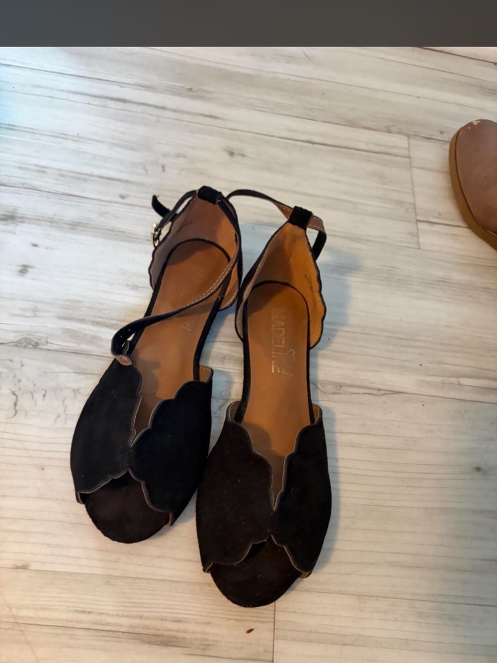 Madeline Black Suede Scalloped Ankle-Strap Sandals